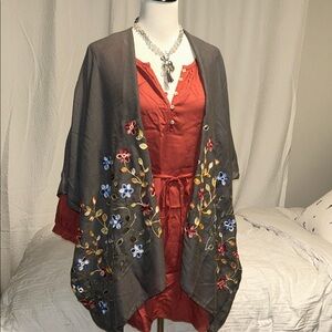New Floral Embroidered Gray blue yellow orange Kimono scarf shawl